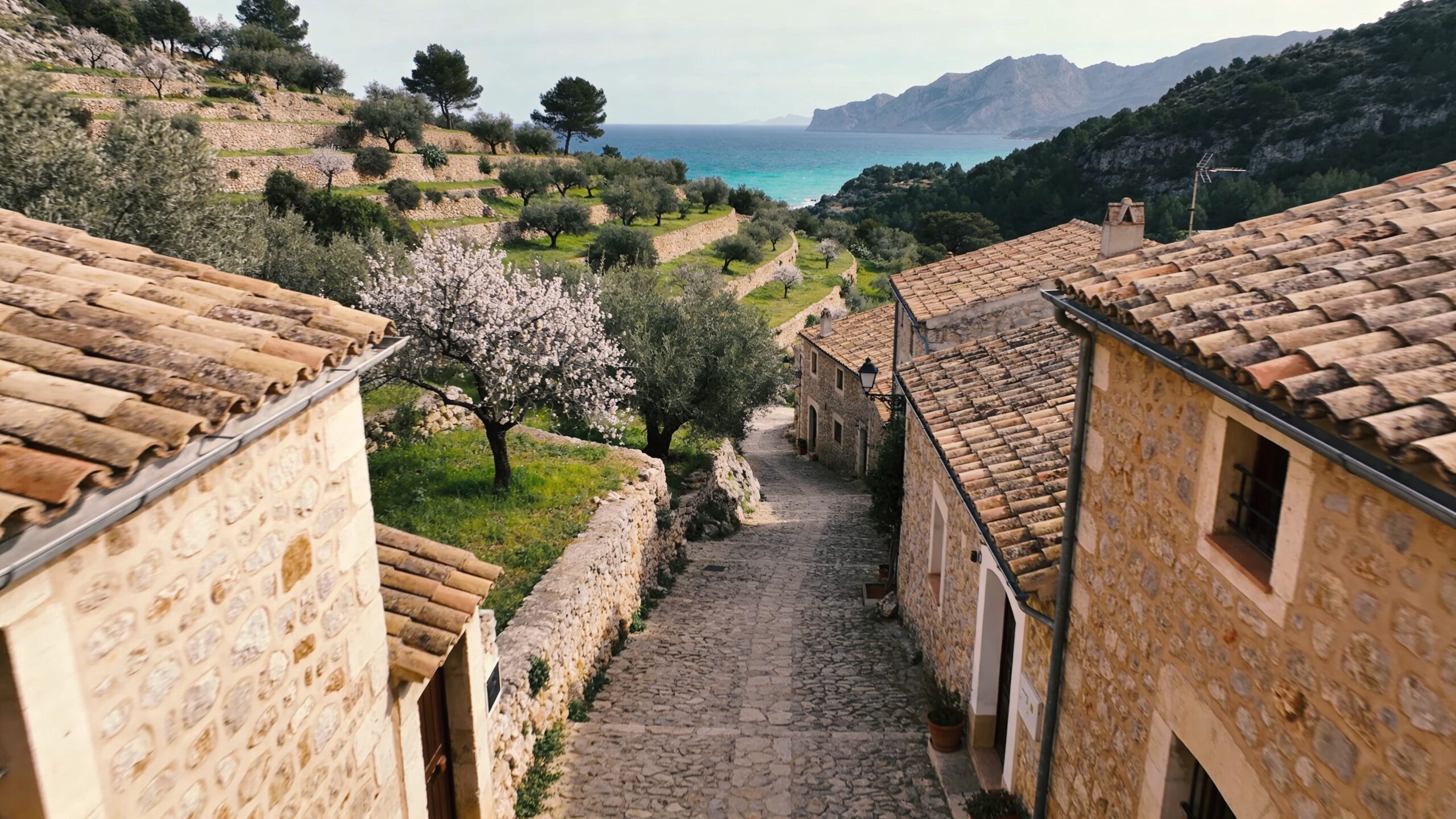 A scenic stone-paved path leading through a charming rural village toward the Mediterranean sea in Spain.