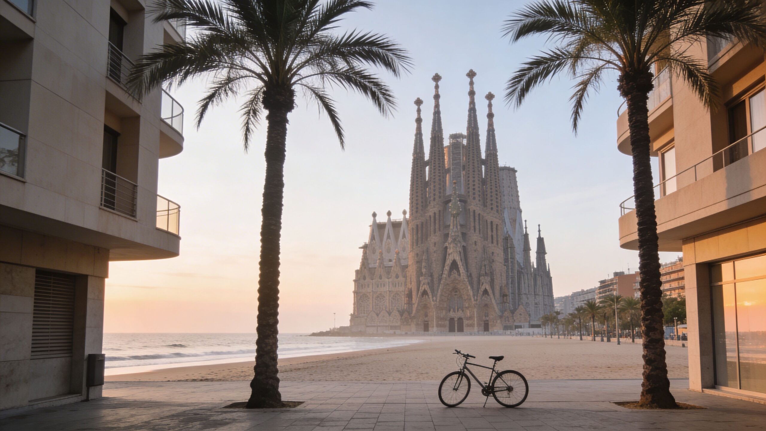 A serene beach scene featuring the iconic Sagrada Familia monument under a soft, golden sunrise sky.