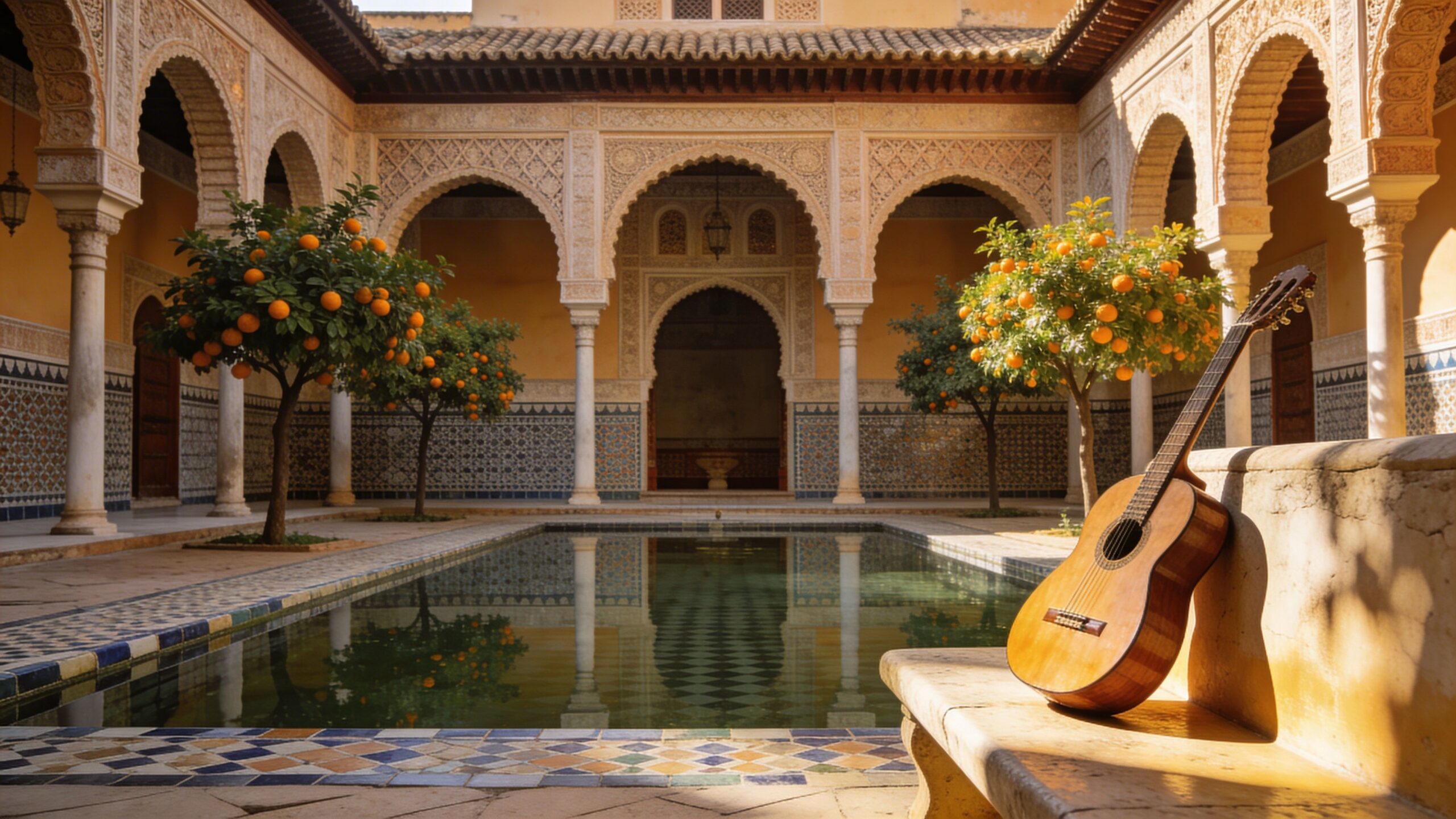 A classic Spanish guitar resting on a stone bench in a beautiful Moorish courtyard with orange trees.