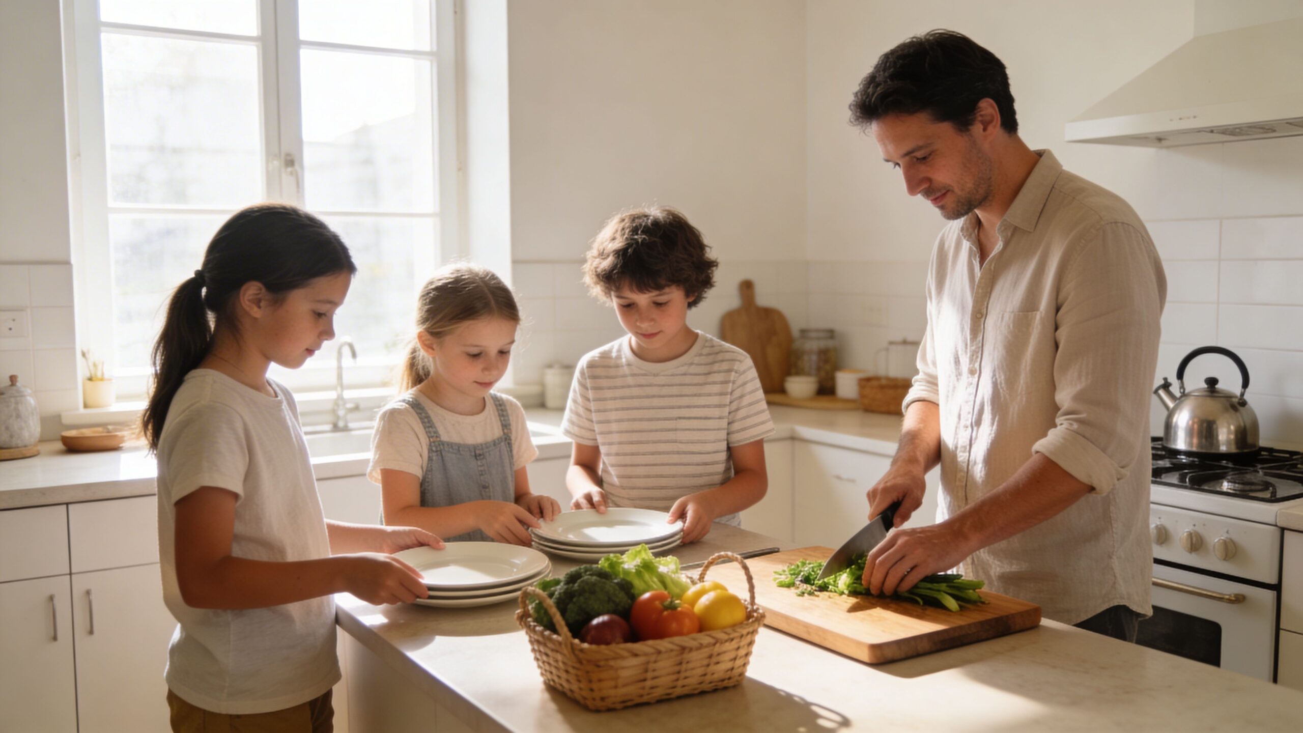 A father and his three young children preparing a fresh vegetable salad together in their home kitchen.