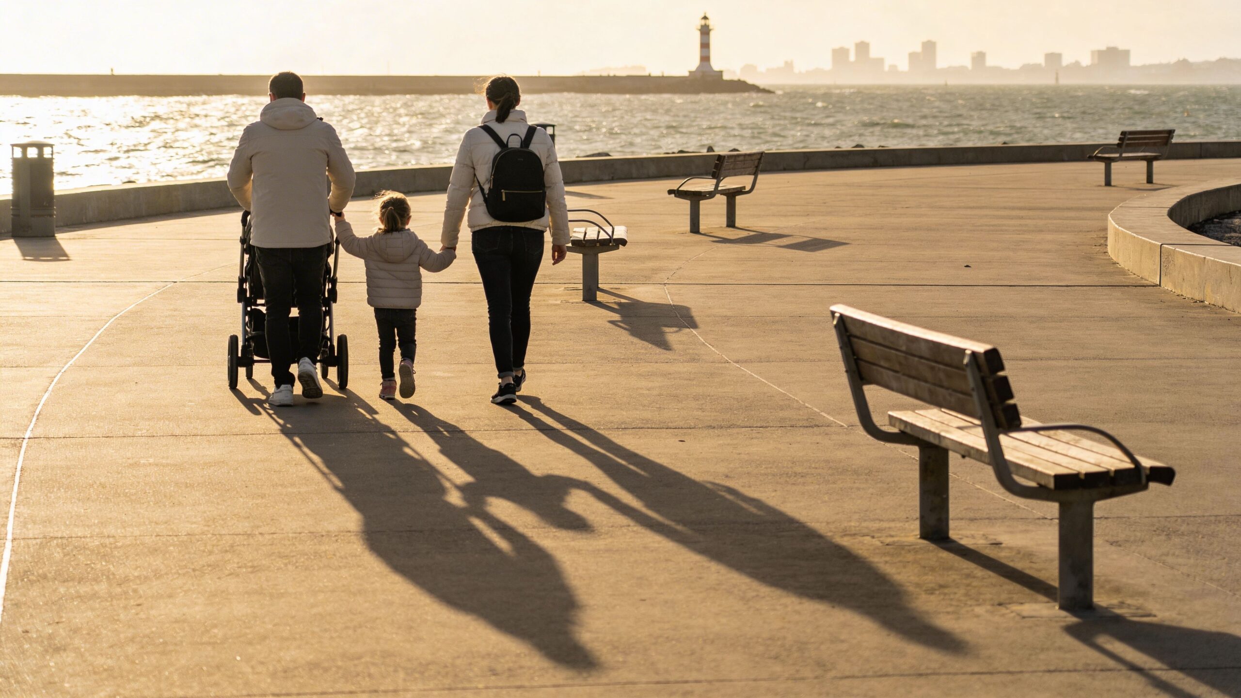 A family of three walking on a paved waterfront path during sunset near a city lighthouse.