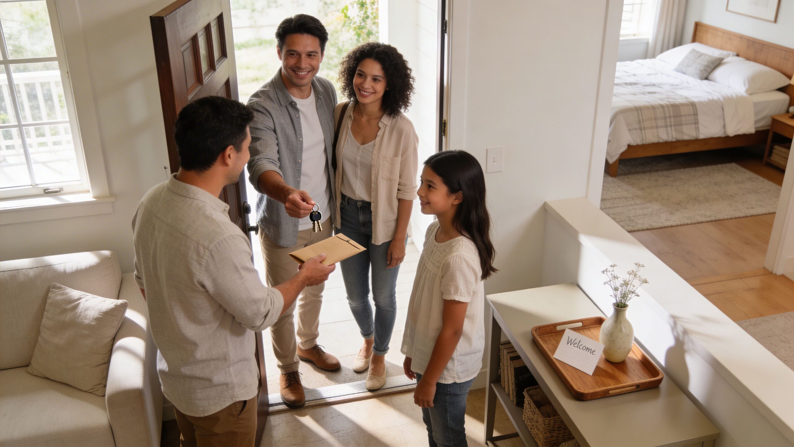 A real estate agent handing over house keys and documents to a happy family at the entrance.