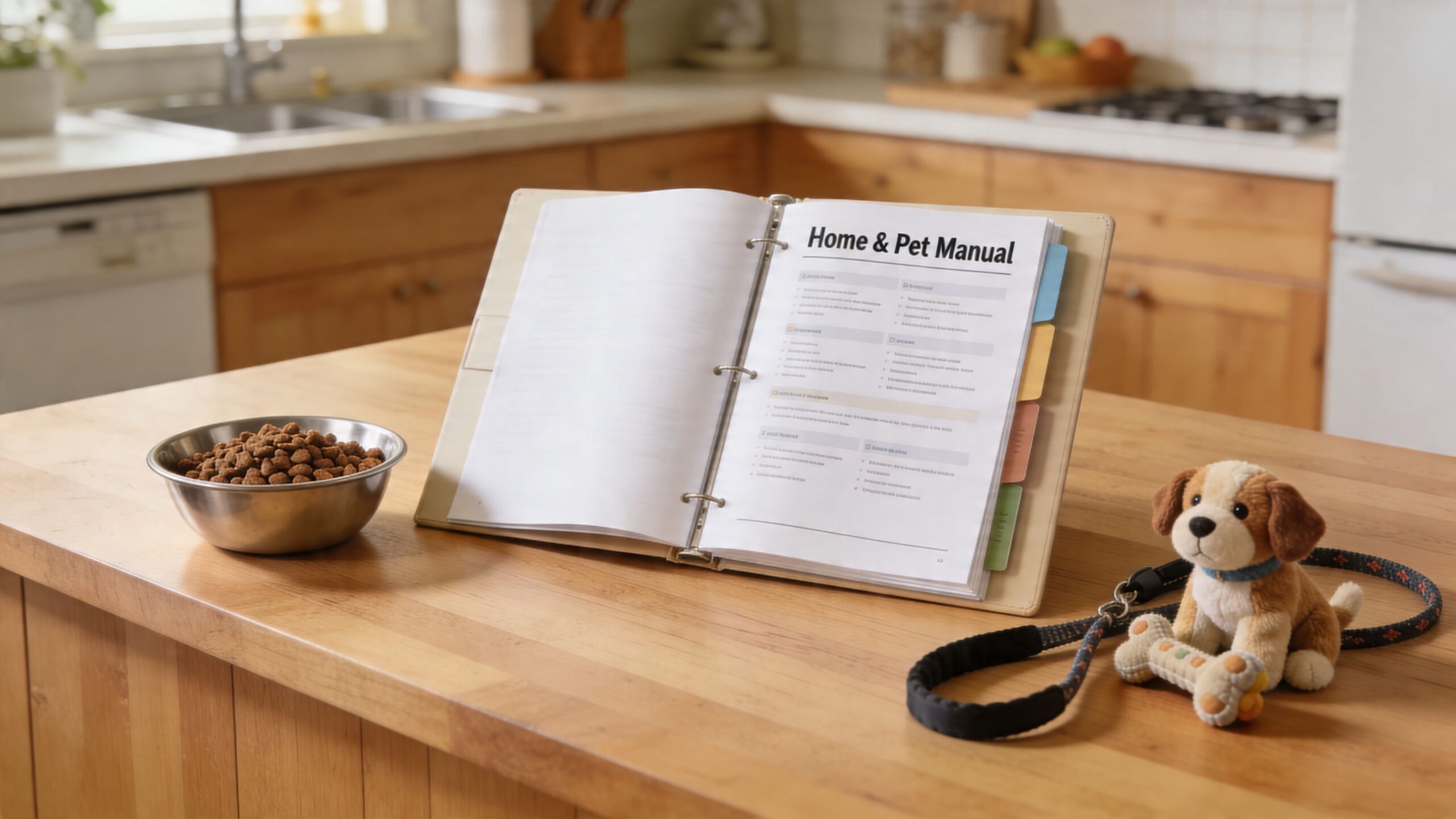 A home and pet manual open on a kitchen island with a bowl of food and stuffed dog.