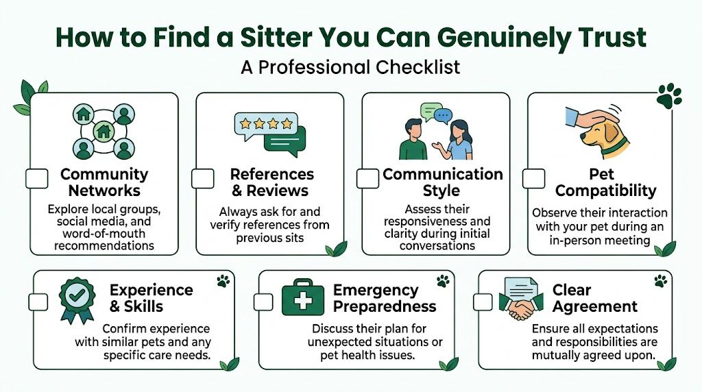 A helpful professional checklist titled How to Find a Sitter You Can Genuinely Trust with pet advice.
