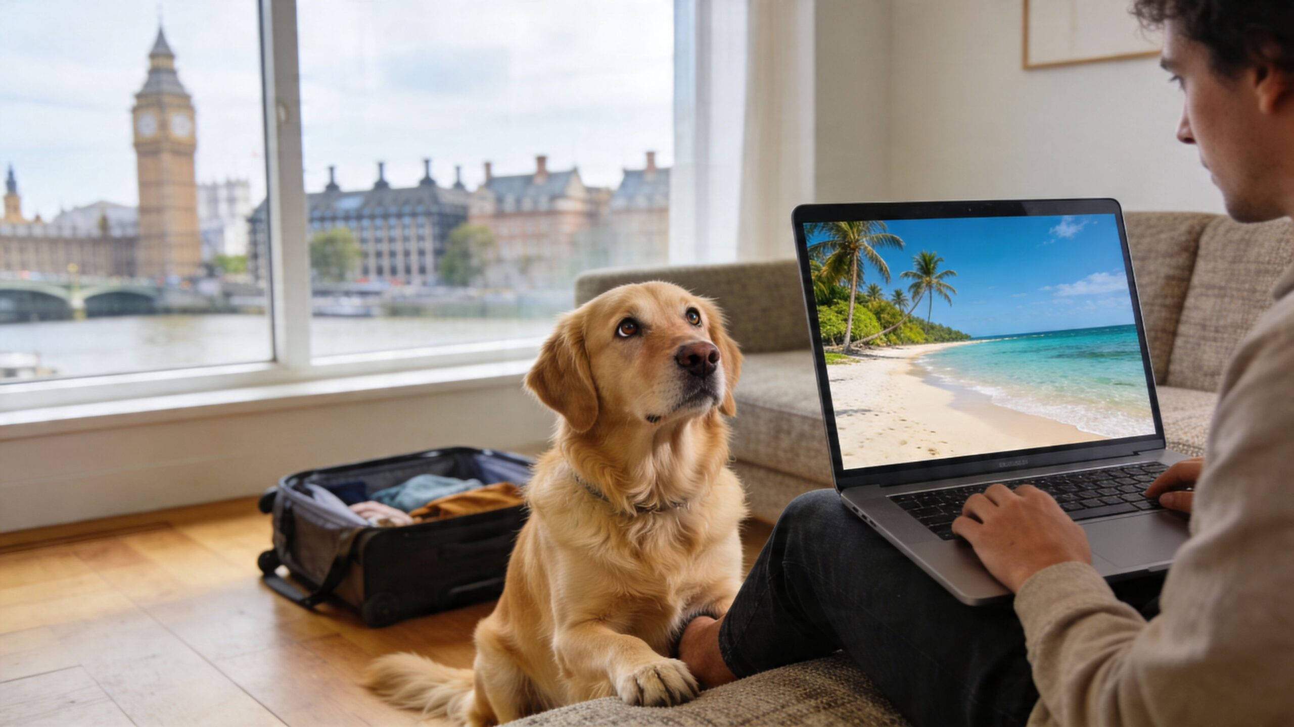 A man sitting on a couch with his golden retriever, planning a vacation on his laptop.