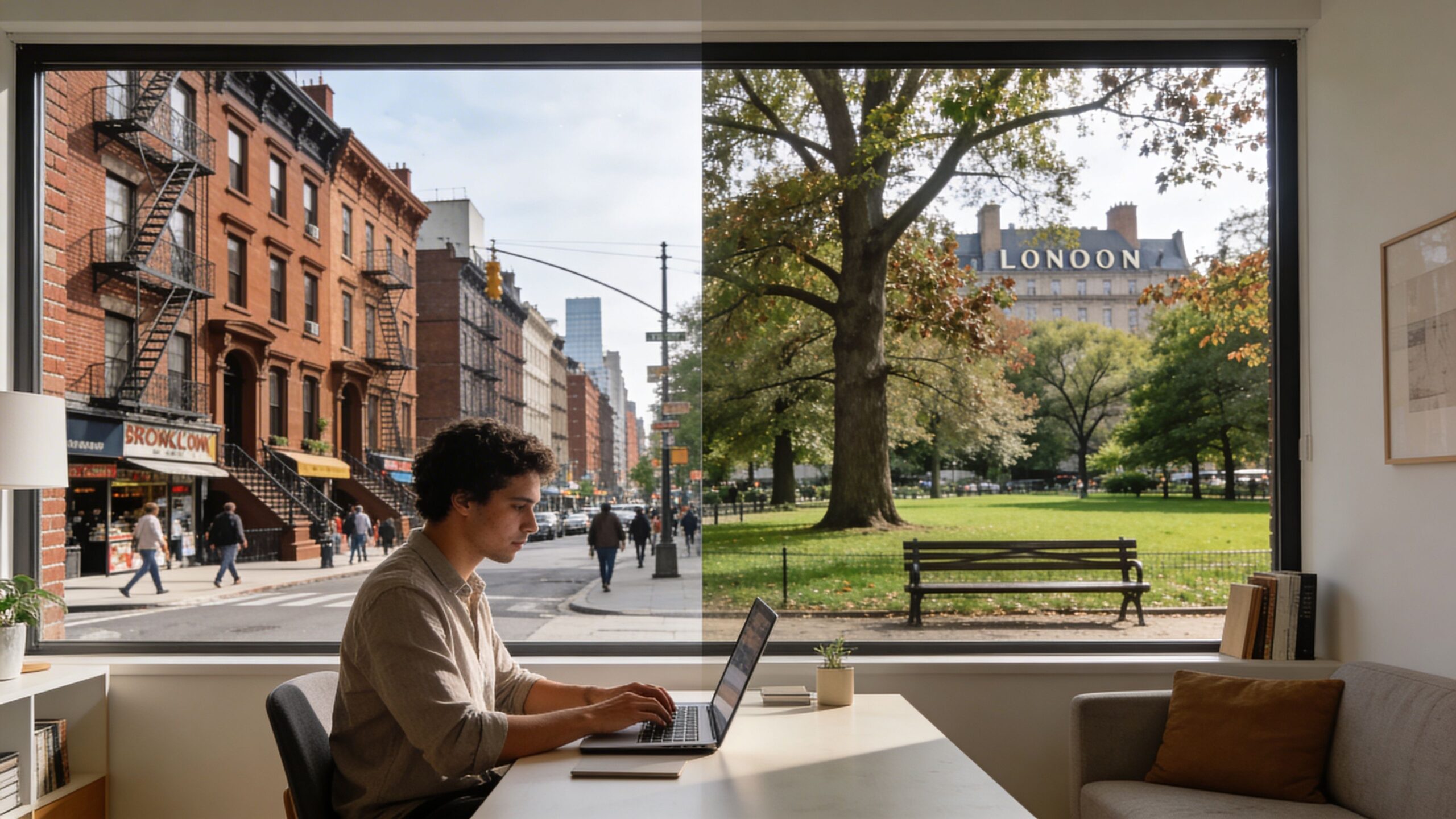 A man sits at a desk working on a laptop with a split-screen view of city streets.