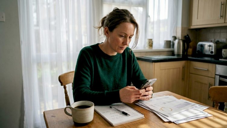Woman reviewing home exchange profile at kitchen table