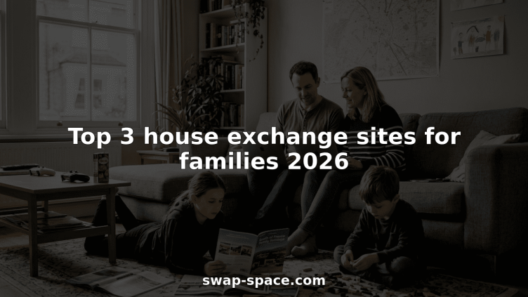 Family browsing house exchange sites in lived-in living room