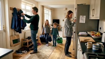Family unpacking suitcases in swapped home