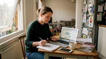 Woman planning house swap at kitchen table