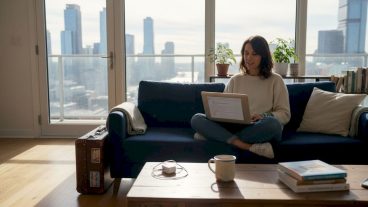 Remote worker using laptop in swapped apartment