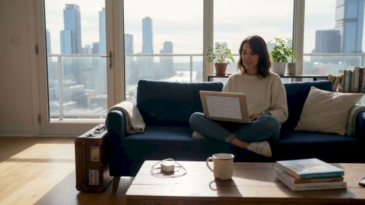 Remote worker using laptop in swapped apartment